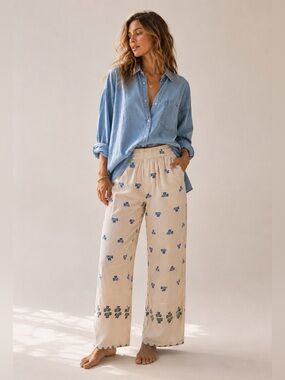 Indefeir Boho Floral Ankle Pants XS Blue Cream Elastic Waist Resort